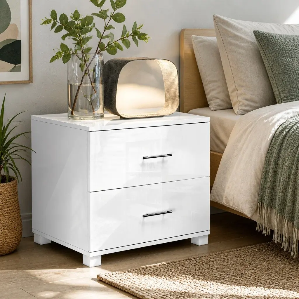 2-Drawer White High Gloss Bedside Table