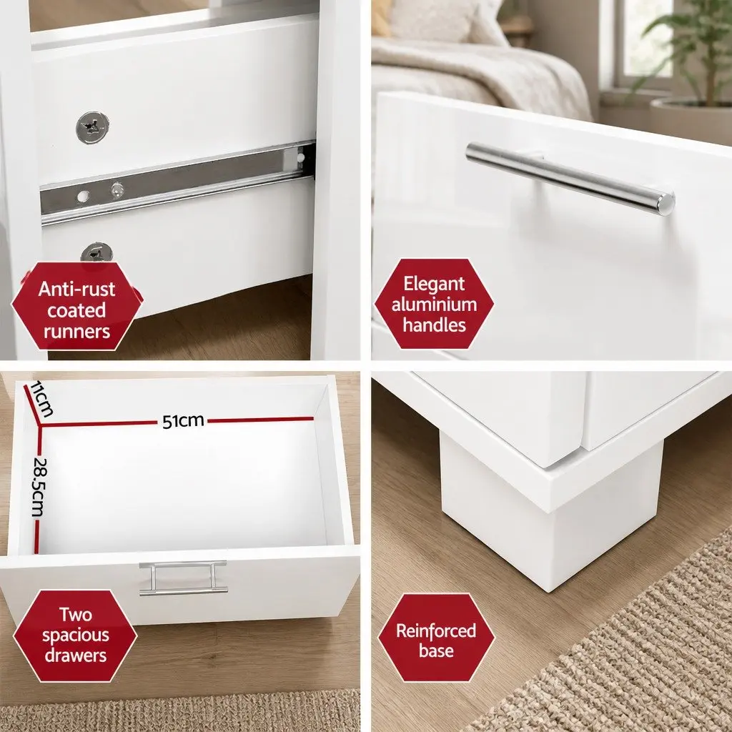 2-Drawer White High Gloss Bedside Table