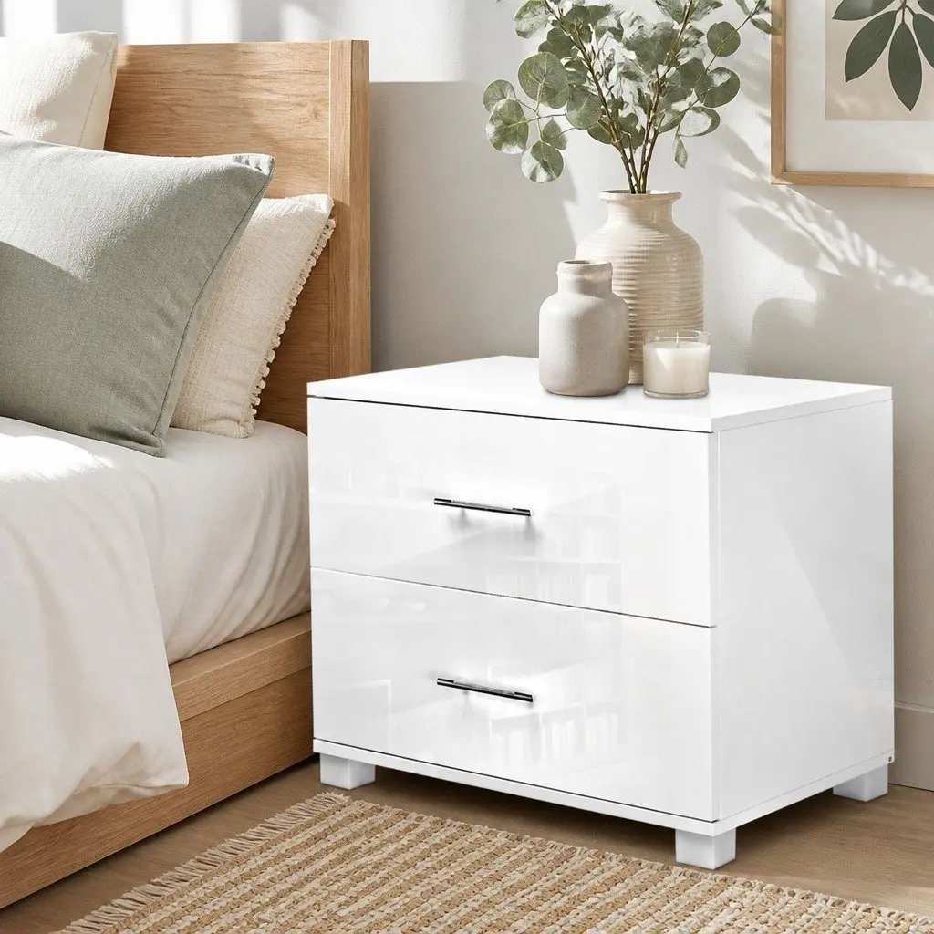 2-Drawer White High Gloss Bedside Table