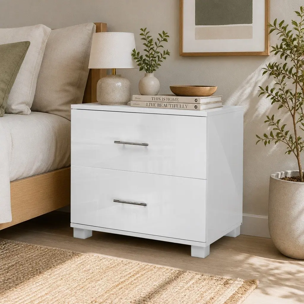 2-Drawer White High Gloss Bedside Table