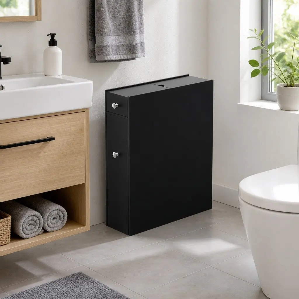 Bathroom Storage Cabinet Slim Wooden Black 60cm W x 33cm D x 154cm H