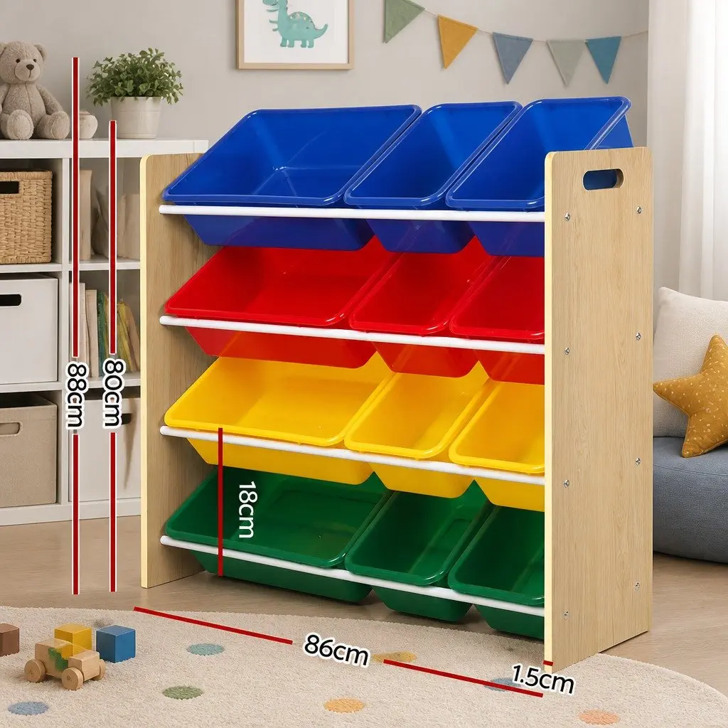 Kids Toy Box Storage Rack 12 Bins Four Tier Organizer for Room 86 x 27 x 88 cm