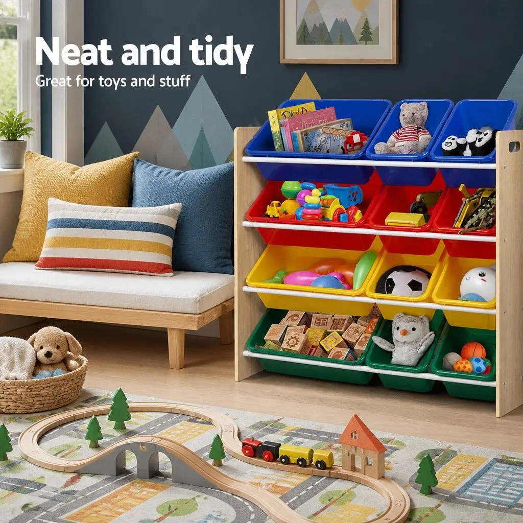 Kids Toy Box Storage Rack 12 Bins Four Tier Organizer for Room 86 x 27 x 88 cm