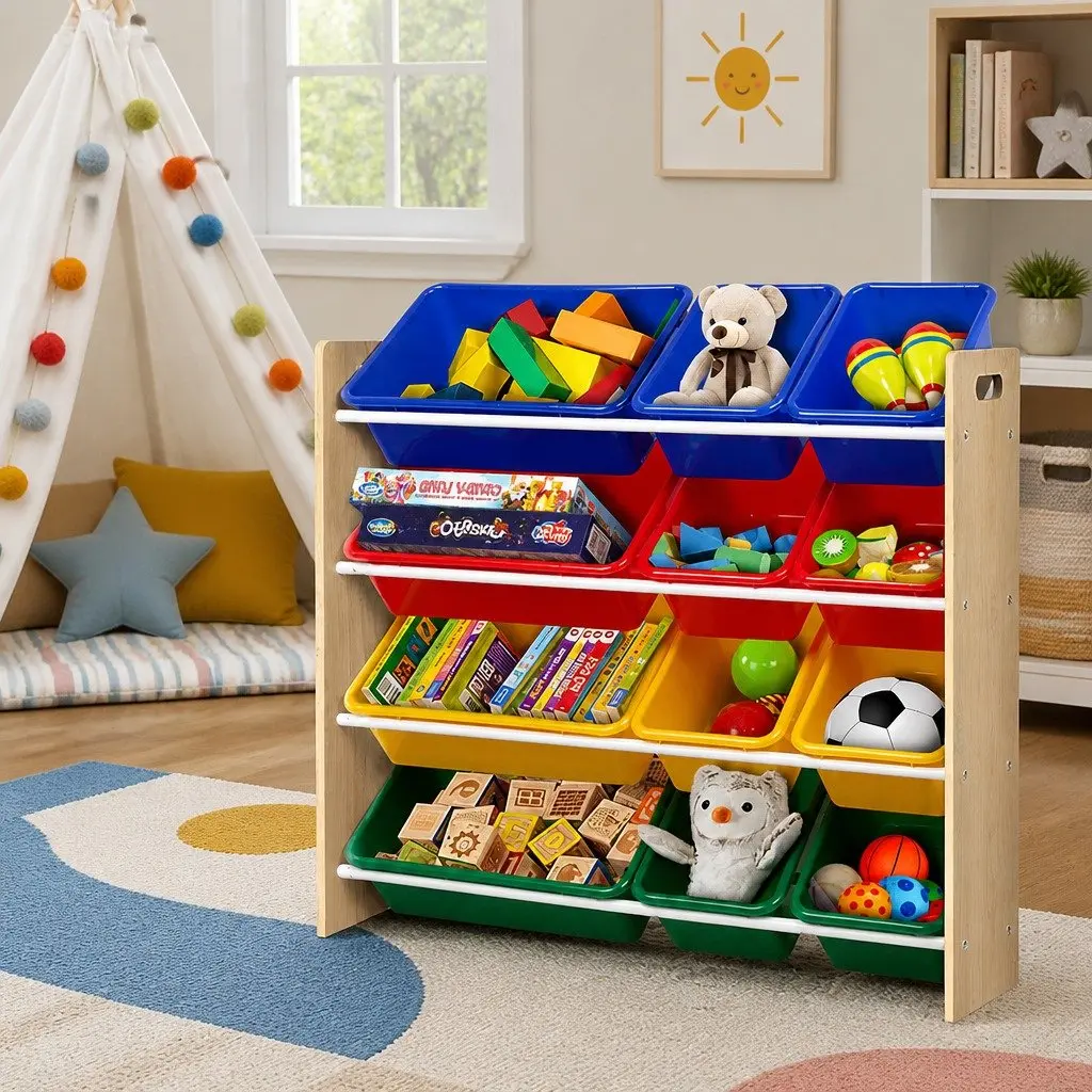 Kids Toy Box Storage Rack 12 Bins Four Tier Organizer for Room 86 x 27 x 88 cm