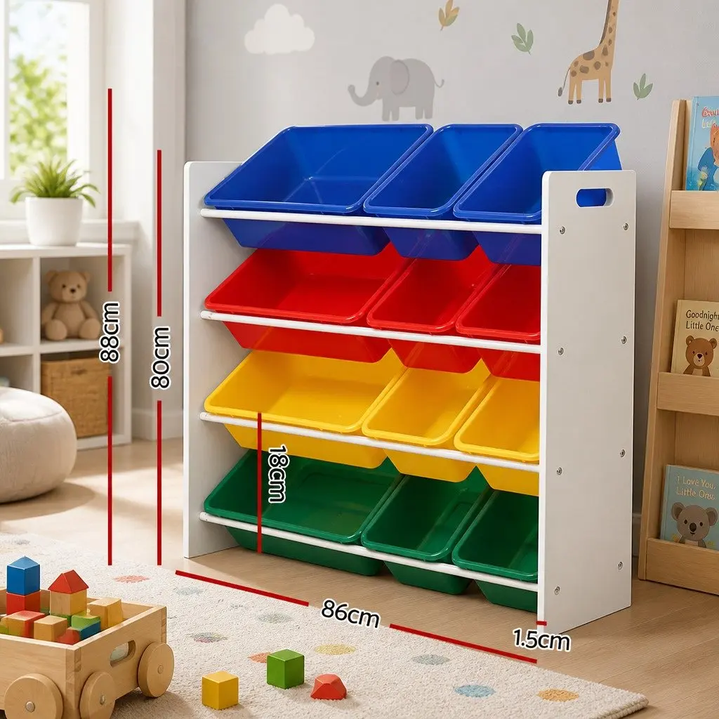 Toy Storage Organiser for Kids Room 4-Tier with 12 Bins Colourful