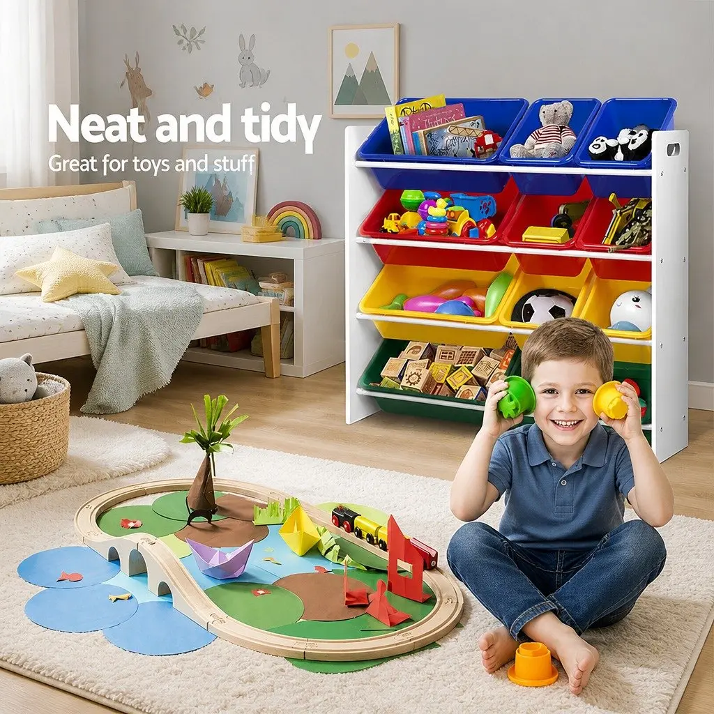 Toy Storage Organiser for Kids Room 4-Tier with 12 Bins Colourful