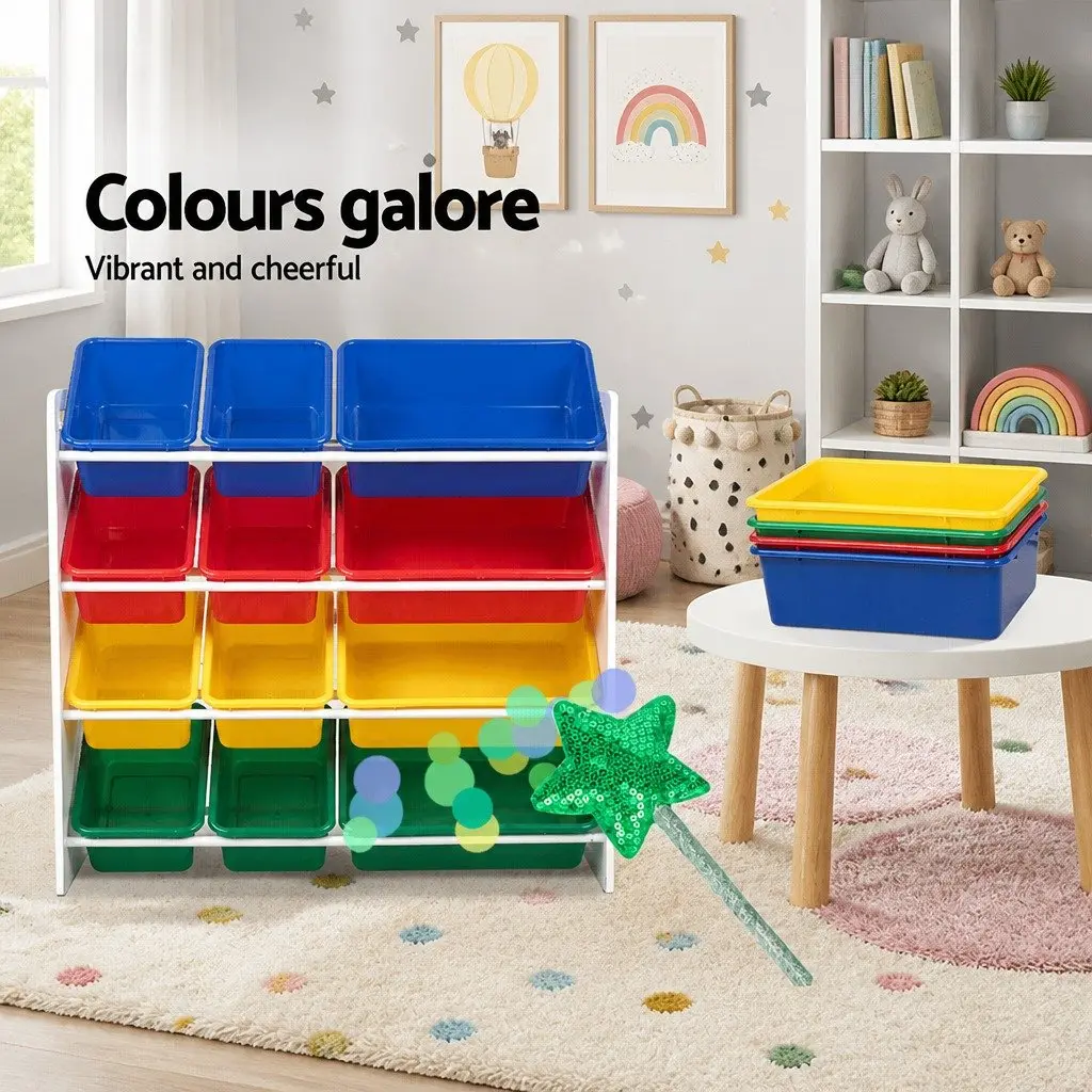 Toy Storage Organiser for Kids Room 4-Tier with 12 Bins Colourful