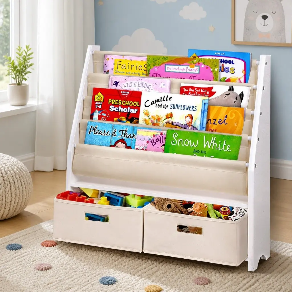 Kids Bookshelf 4 Tier Storage Organiser Bookcase with Drawers Children's