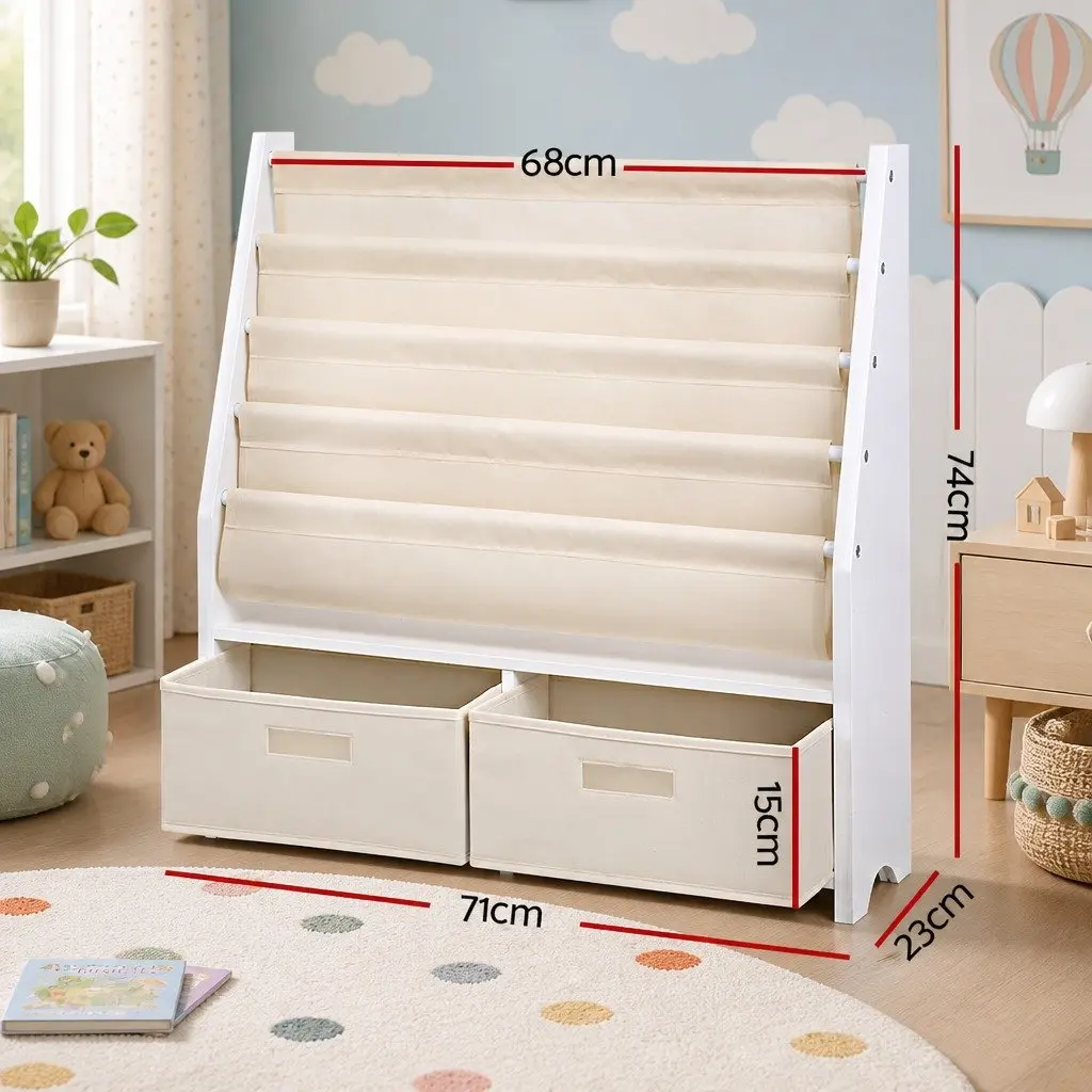 Kids Bookshelf 4 Tier Storage Organiser Bookcase with Drawers Children's