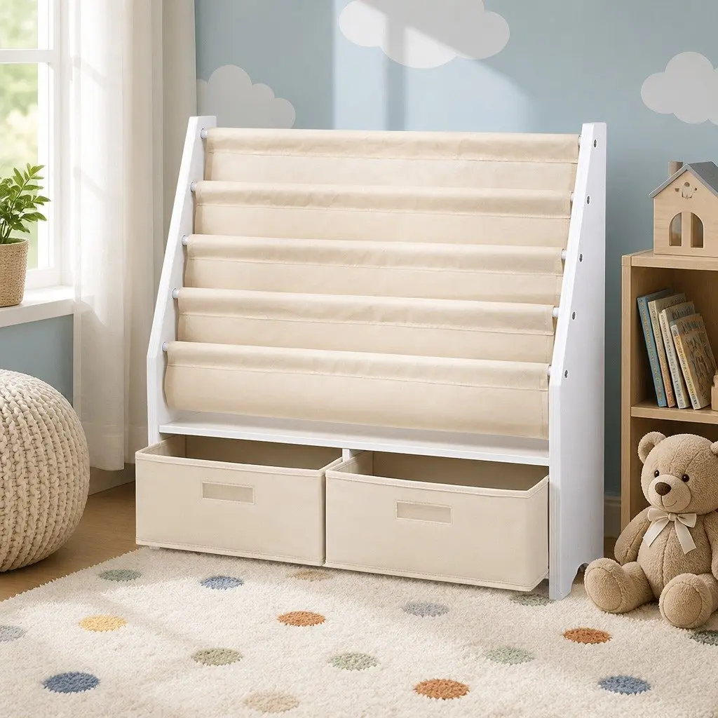Kids Bookshelf 4 Tier Storage Organiser Bookcase with Drawers Children's