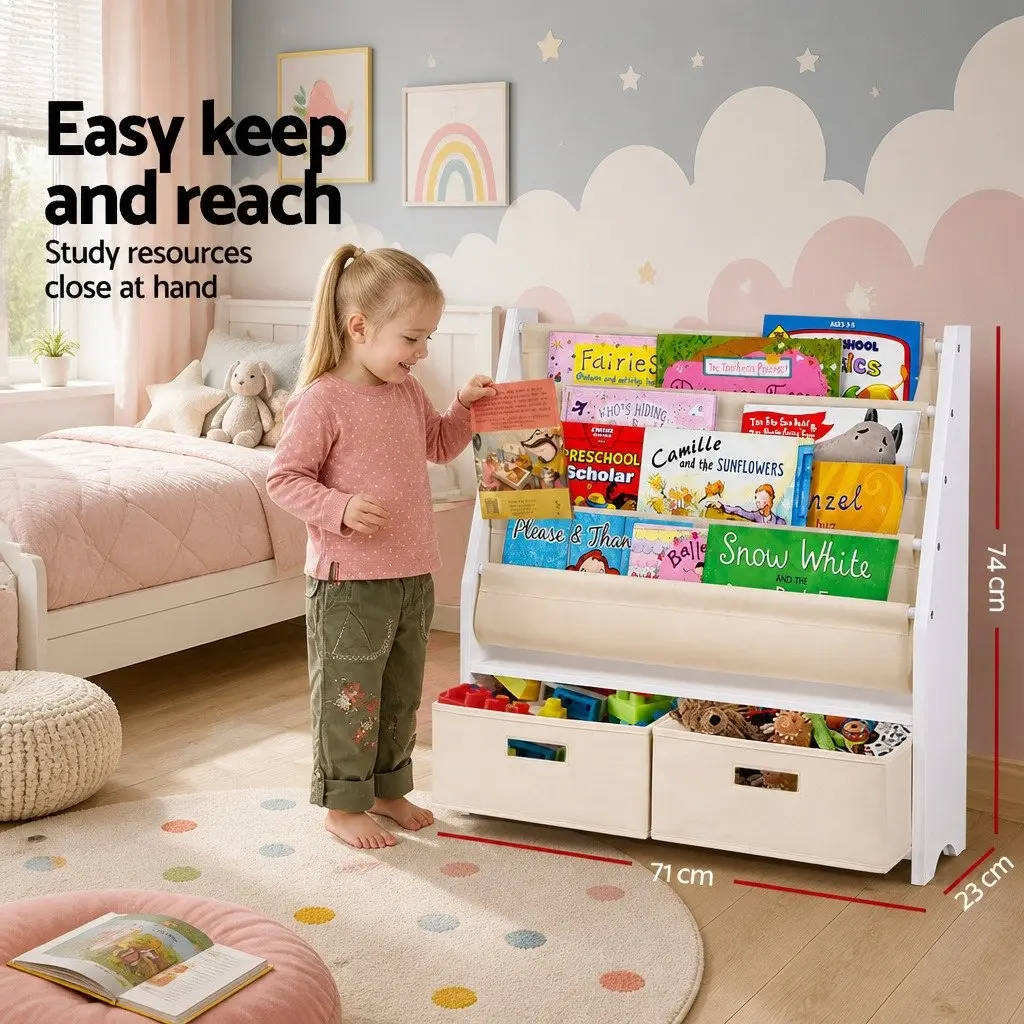Kids Bookshelf 4 Tier Storage Organiser Bookcase with Drawers Children's