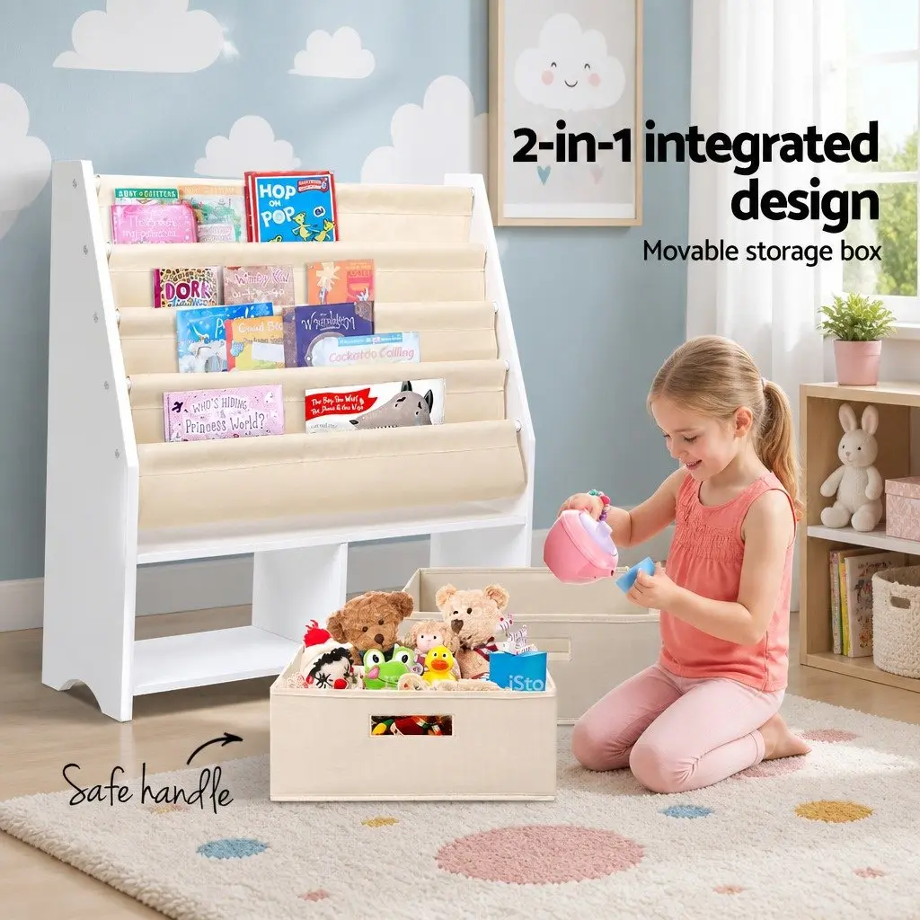 Kids Bookshelf 4 Tier Storage Organiser Bookcase with Drawers Children's