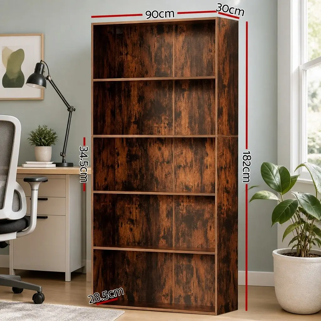5-Tier Bookshelf Living Room Brown Storage Shelves Display Cabinet
