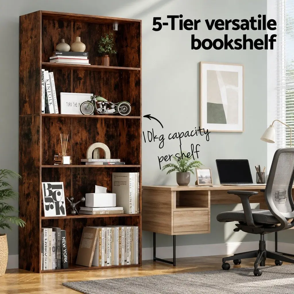 5-Tier Bookshelf Living Room Brown Storage Shelves Display Cabinet