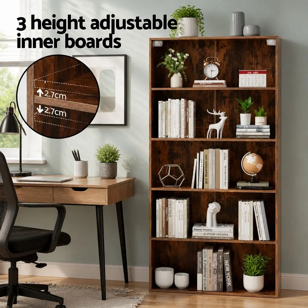 5-Tier Bookshelf Living Room Brown Storage Shelves Display Cabinet