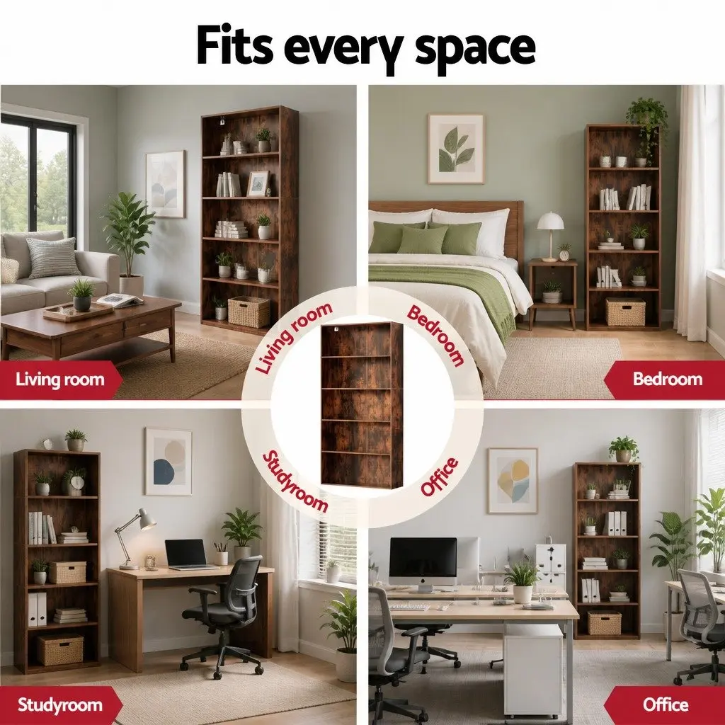 5-Tier Bookshelf Living Room Brown Storage Shelves Display Cabinet