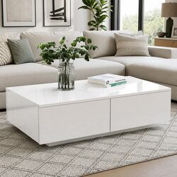 Coffee Table Specifications: 4 Drawers, White Finish, Modern Design