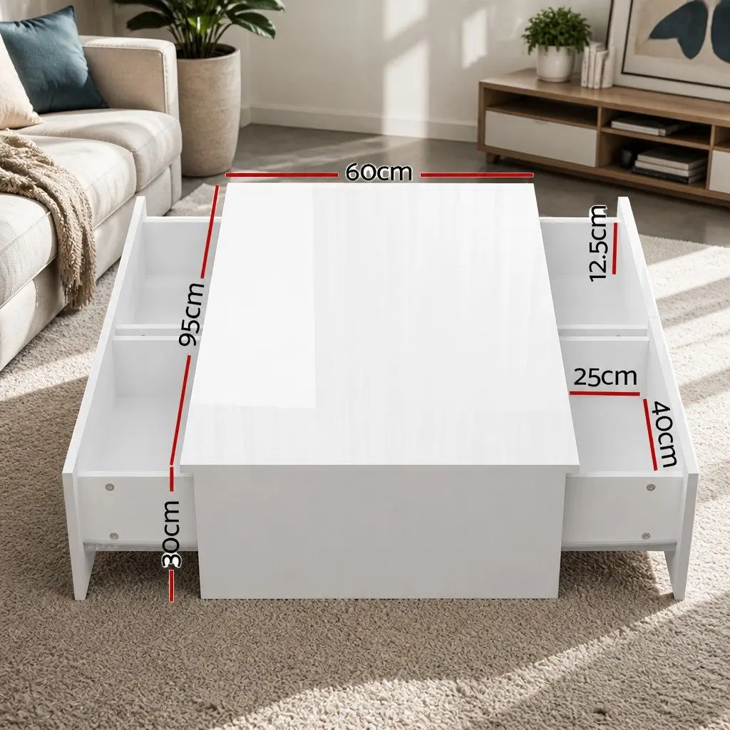 Coffee Table with 4 Drawers White Storage Living Room Furniture Contemporary