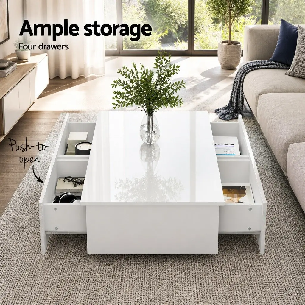 Coffee Table with 4 Drawers White Storage Living Room Furniture Contemporary