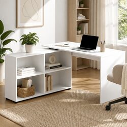Computer Desk with Swivel Bookshelf L-Shaped Corner Office Workstation White