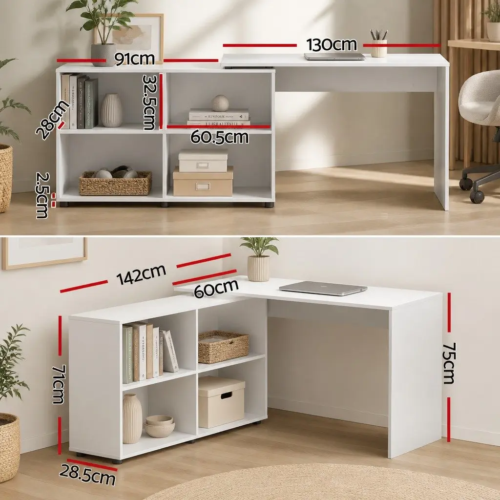L-Shaped Computer Desk with Swivel Bookshelf for Office or Home 130cm x 60cm x 75cm White