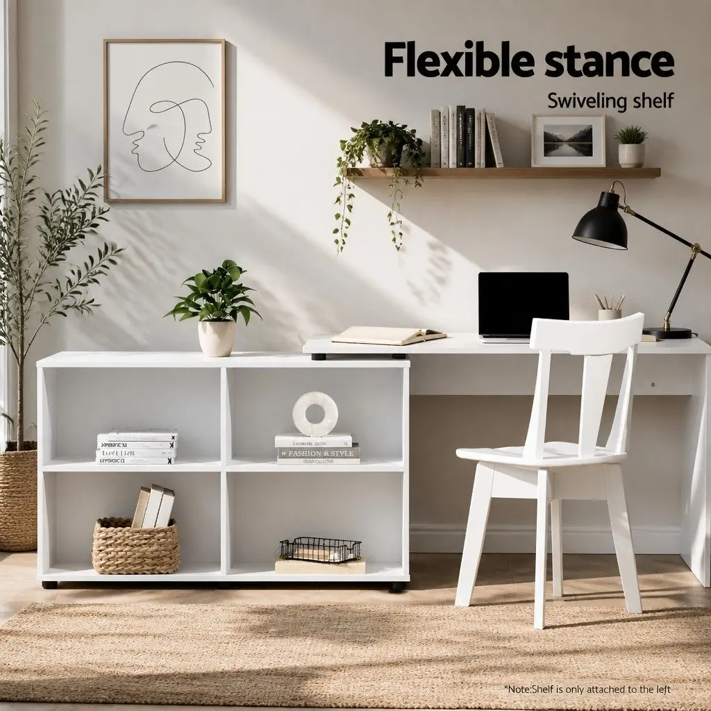 L-Shaped Computer Desk with Swivel Bookshelf for Office or Home 130cm x 60cm x 75cm White