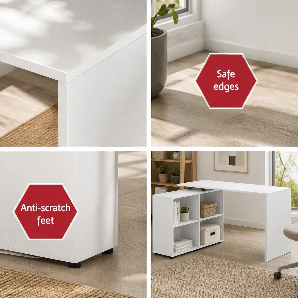 L-Shaped Computer Desk with Swivel Bookshelf for Office or Home 130cm x 60cm x 75cm White