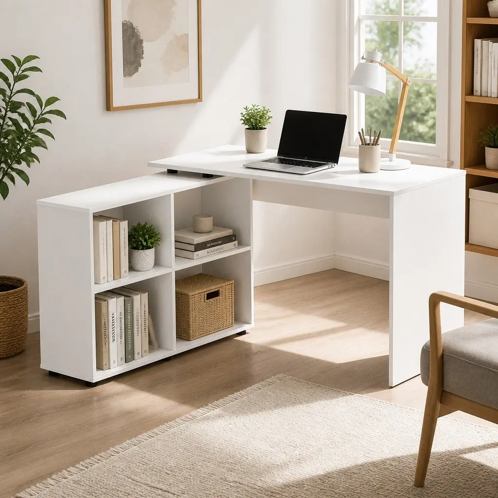 L-Shaped Computer Desk with Swivel Bookshelf for Office or Home 130cm x 60cm x 75cm White