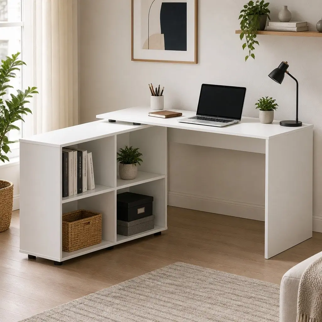 L-Shaped Computer Desk with Swivel Bookshelf for Office or Home 130cm x 60cm x 75cm White
