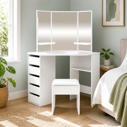 Corner Dressing Table Set: 111cm Wide with 5 Drawers
