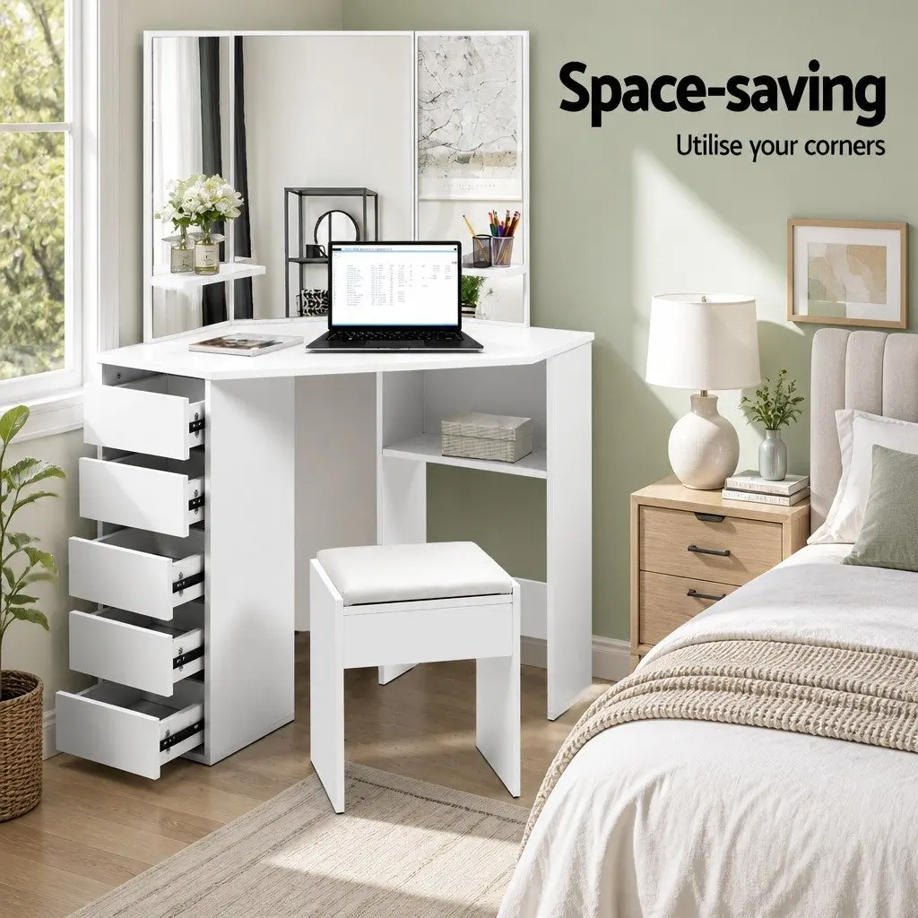 Dressing Table Stool Set Corner 5 Drawers White Vanity Mirror Bedroom Furniture