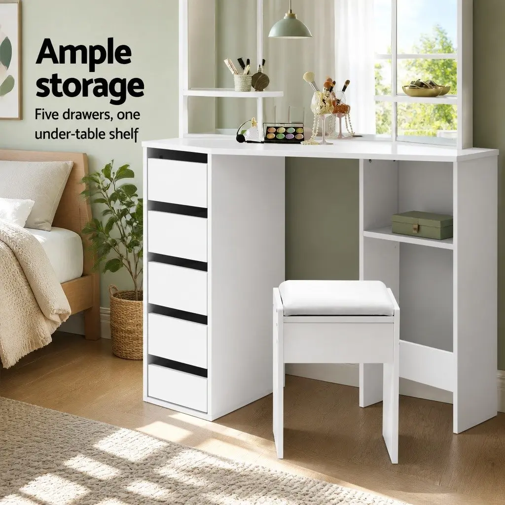 Dressing Table Stool Set Corner 5 Drawers White Vanity Mirror Bedroom Furniture