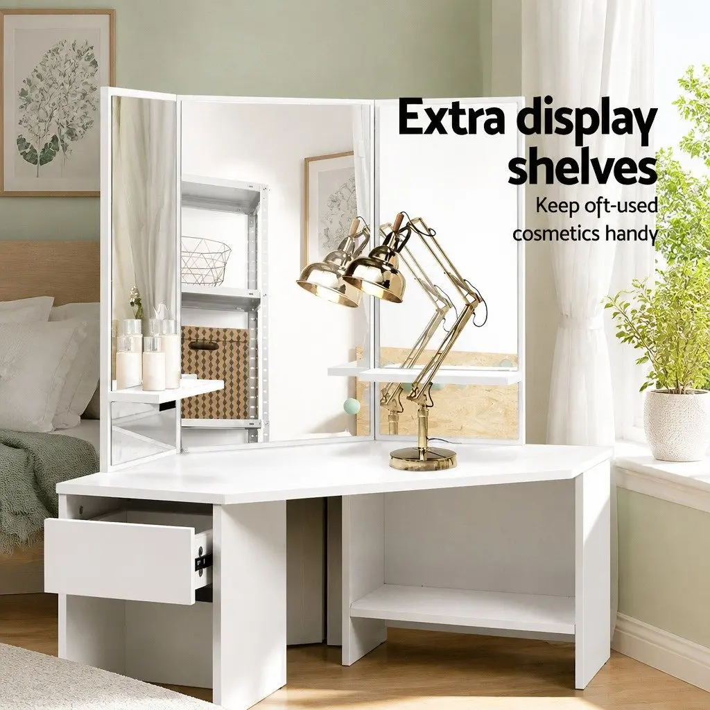 Dressing Table Stool Set Corner 5 Drawers White Vanity Mirror Bedroom Furniture