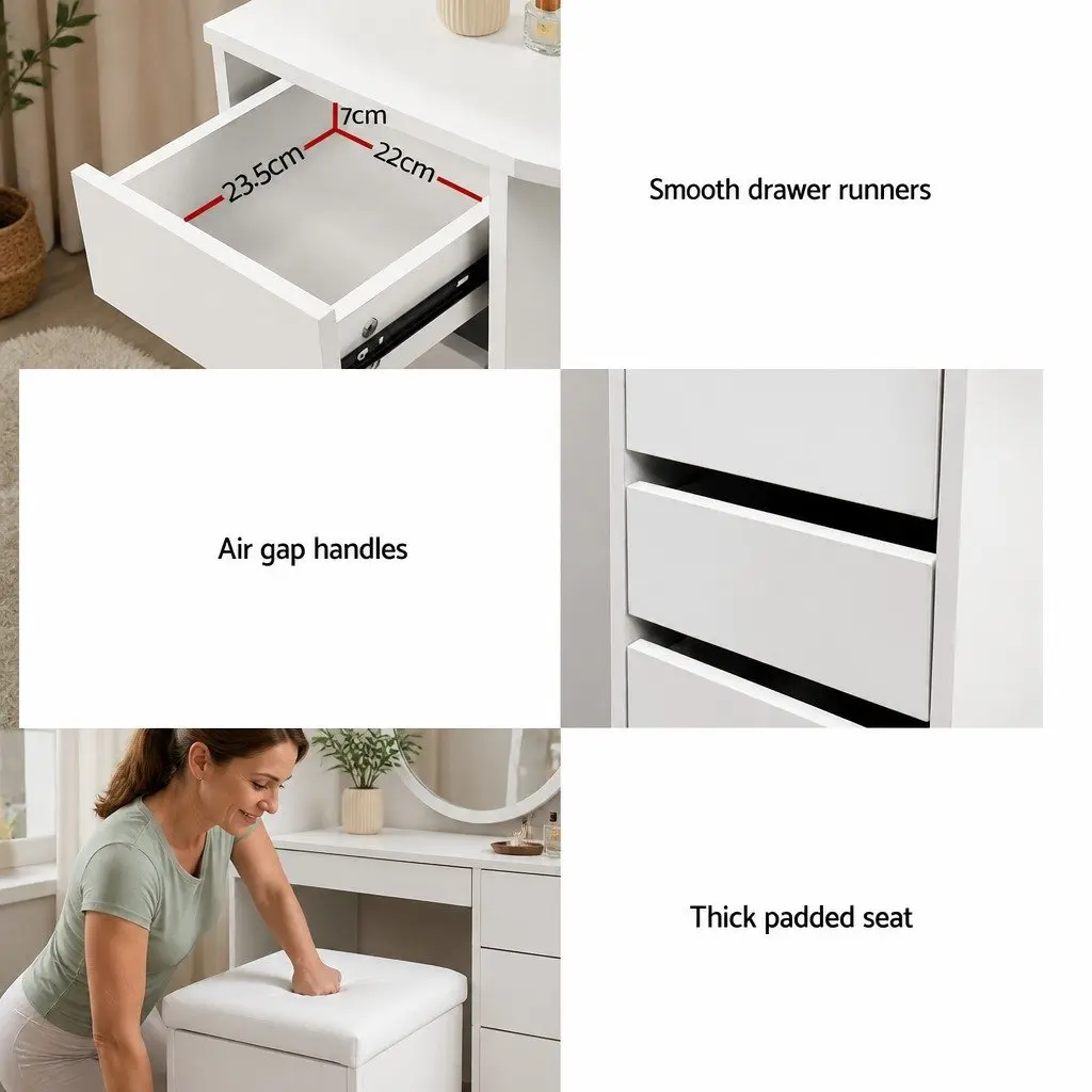 Dressing Table Stool Set Corner 5 Drawers White Vanity Mirror Bedroom Furniture