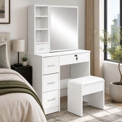 Dressing Table Stool Set with Sliding Mirror and Storage