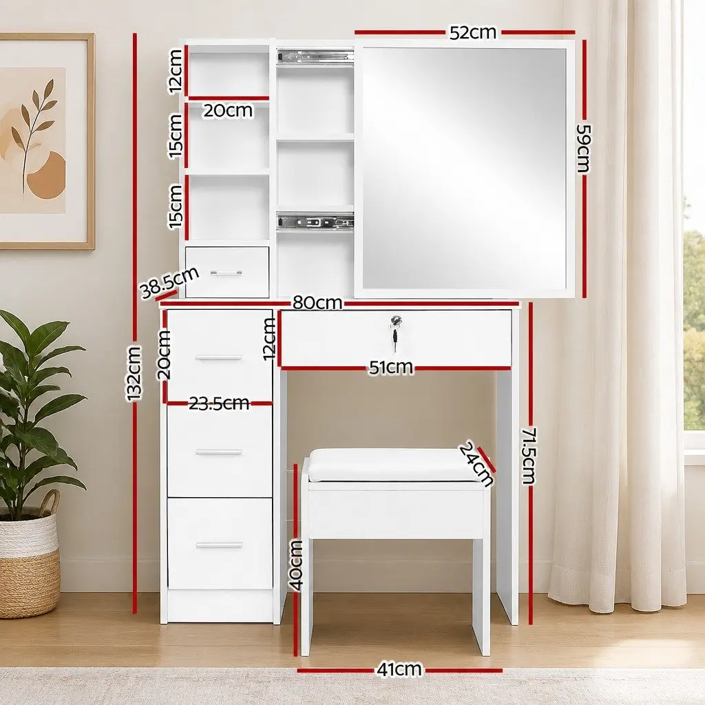 Dressing Table Stool Set with Sliding Mirror and Storage