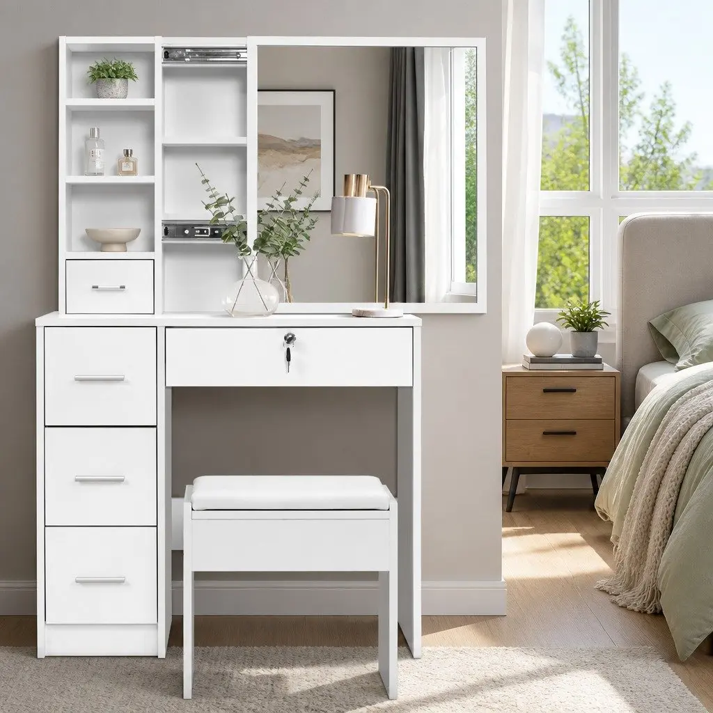 Dressing Table Stool Set with Sliding Mirror and Storage