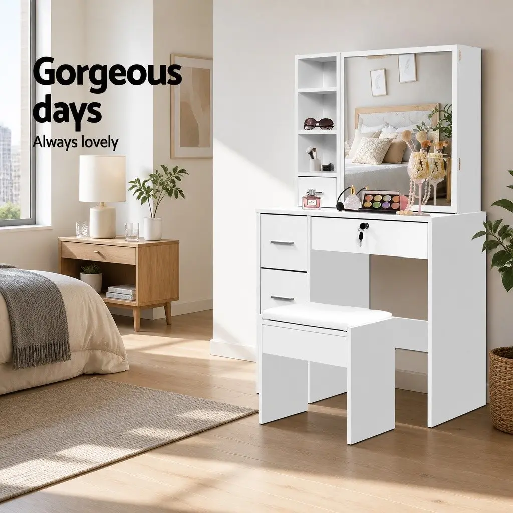 Dressing Table Stool Set with Sliding Mirror and Storage
