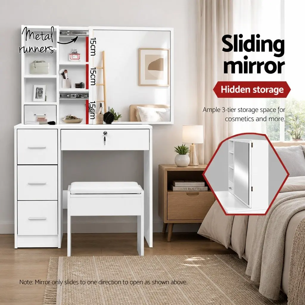 Dressing Table Stool Set with Sliding Mirror and Storage