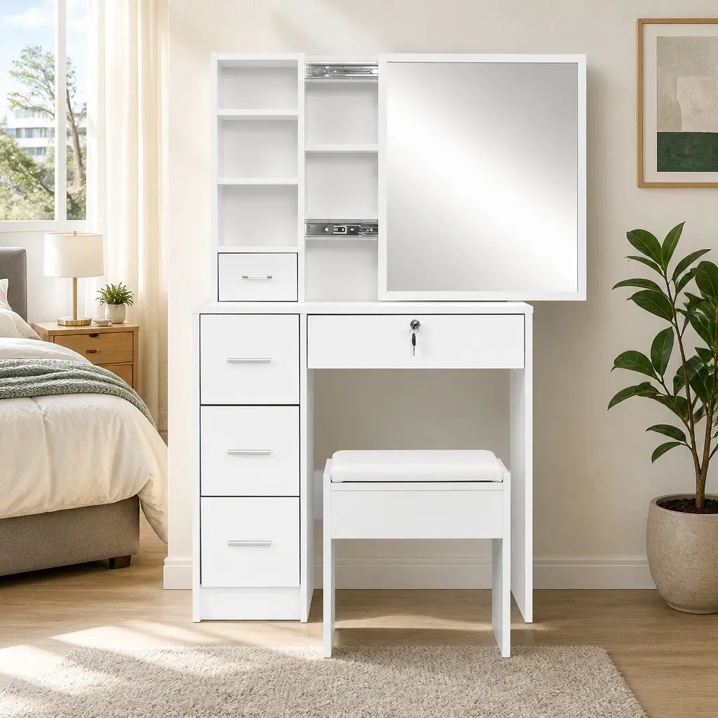Dressing Table Stool Set with Sliding Mirror and Storage