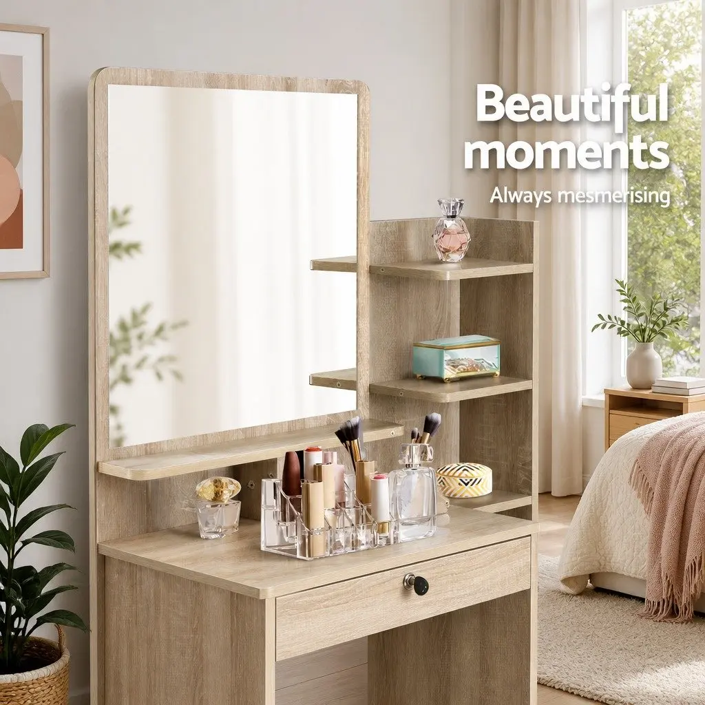 Dressing Table Stool Set 4 Drawers Oak Bedroom Vanity Mirror Storage Shelves