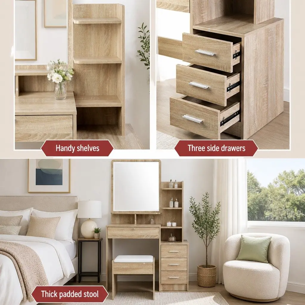 Dressing Table Stool Set 4 Drawers Oak Bedroom Vanity Mirror Storage Shelves