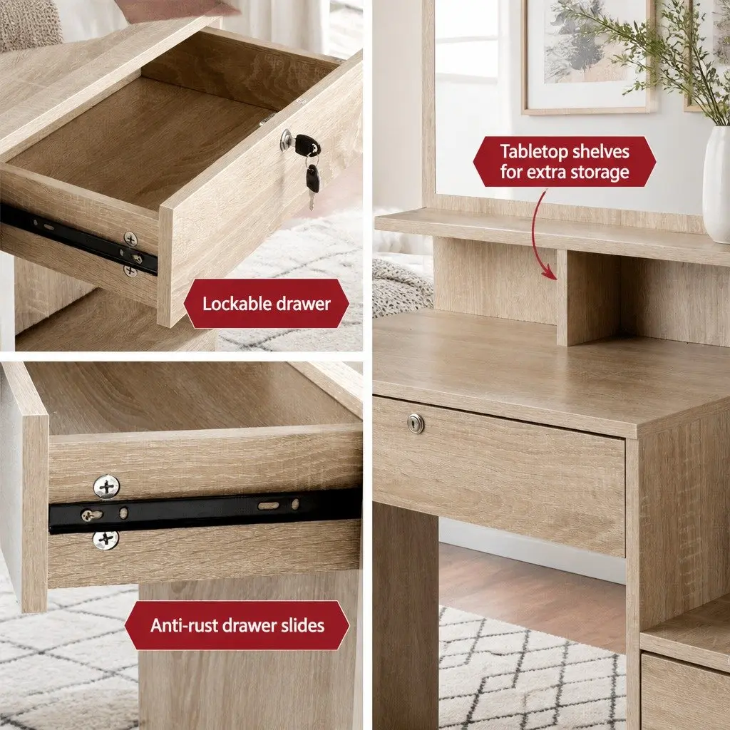 Dressing Table Stool Set 4 Drawers Oak Bedroom Vanity Mirror Storage Shelves
