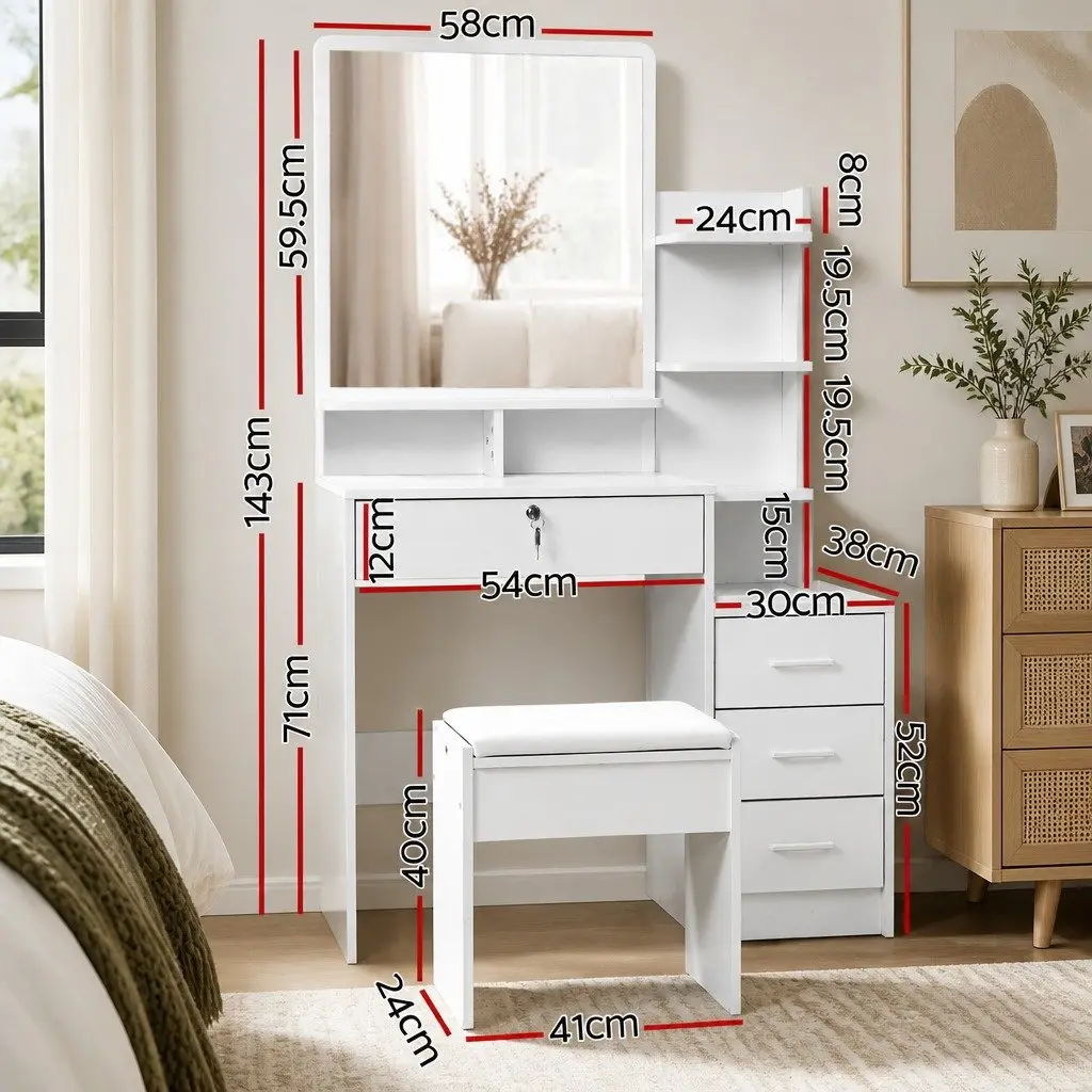 Dressing Table with Stool 4 Drawers White Vanity Makeup Dresser Storage Shelves
