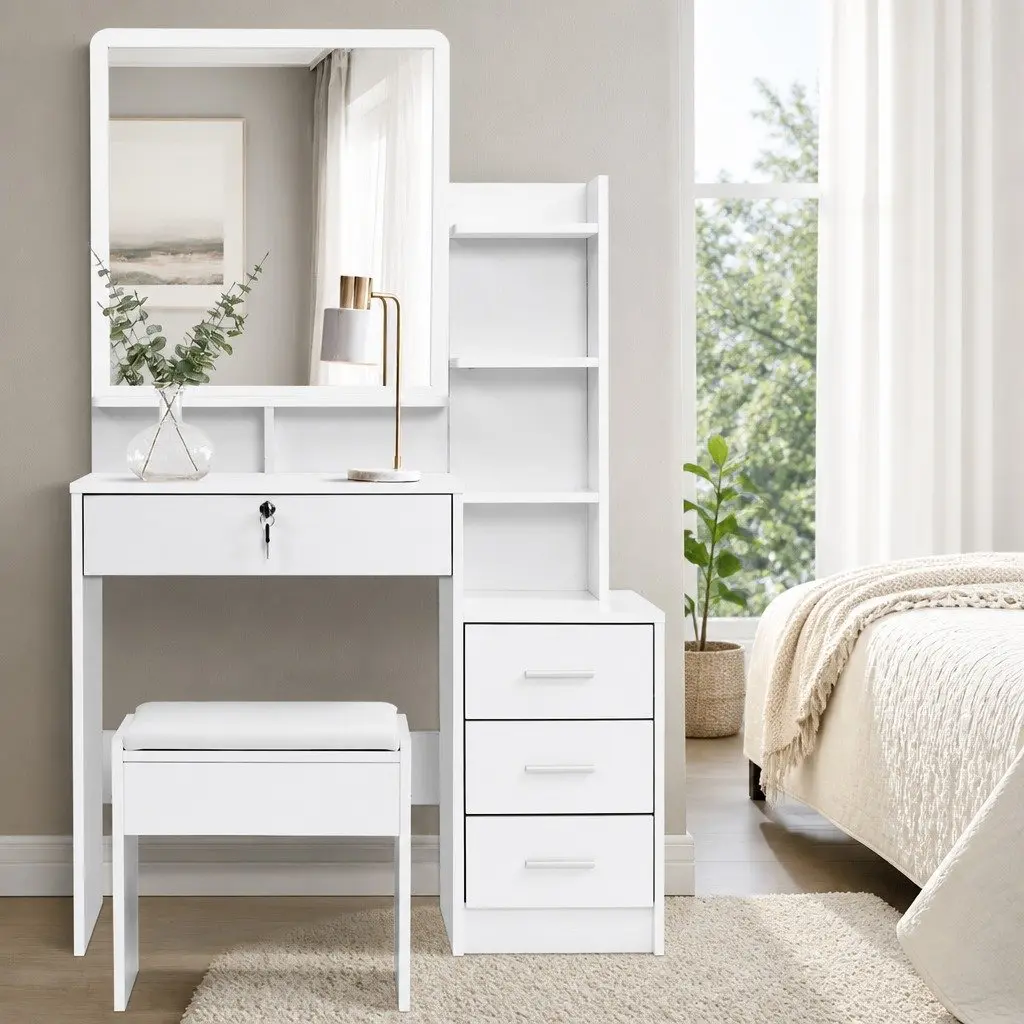 Dressing Table with Stool 4 Drawers White Vanity Makeup Dresser Storage Shelves
