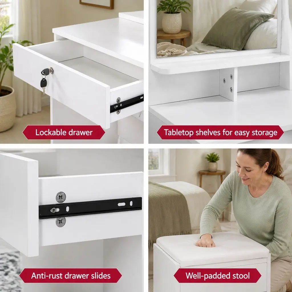 Dressing Table with Stool 4 Drawers White Vanity Makeup Dresser Storage Shelves