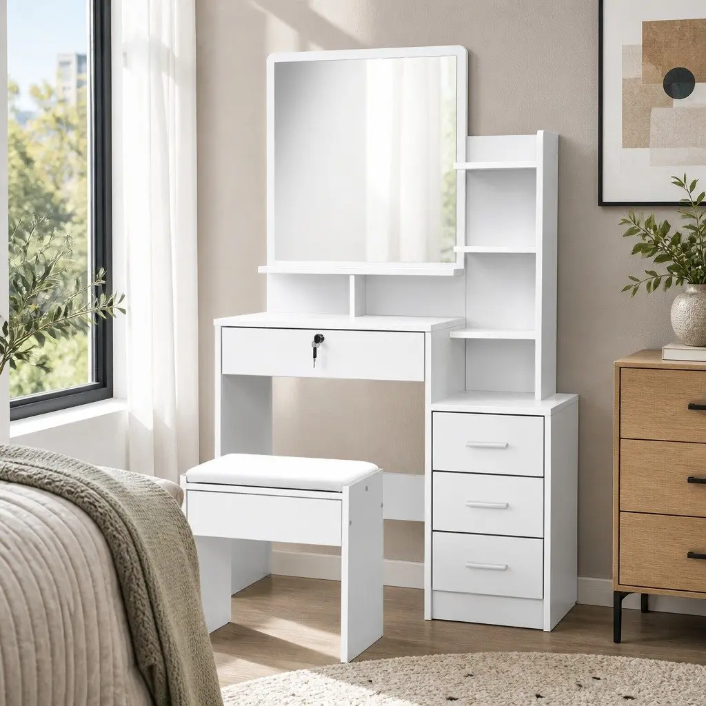 Dressing Table with Stool 4 Drawers White Vanity Makeup Dresser Storage Shelves