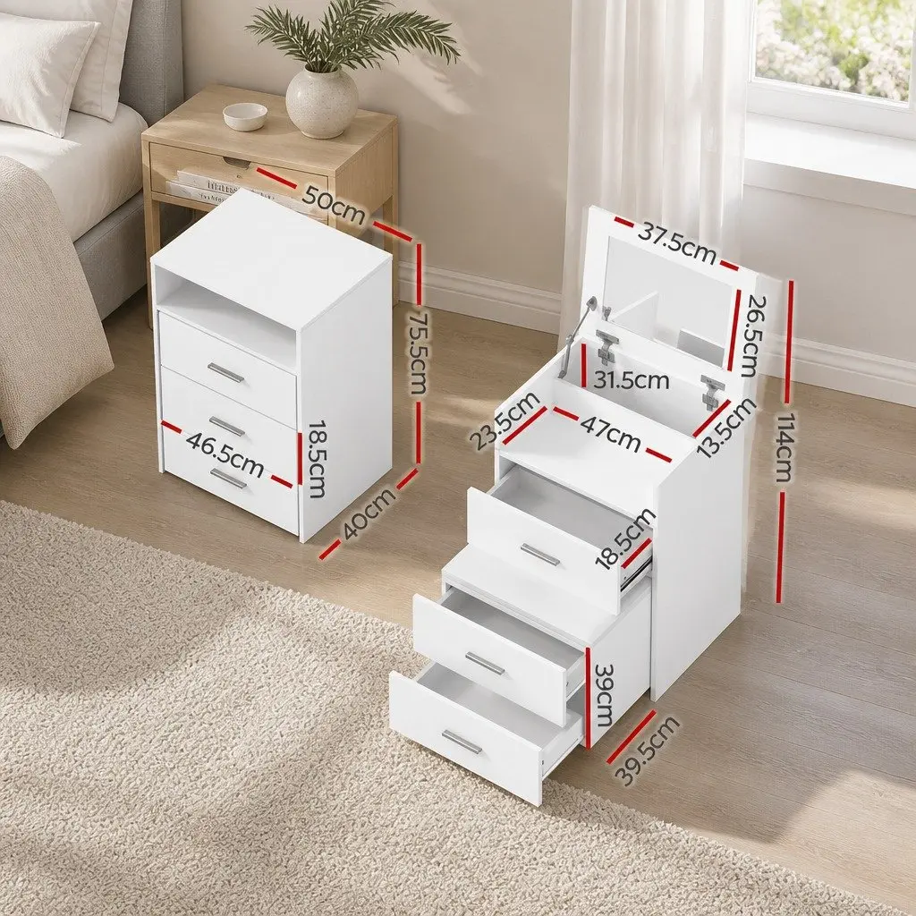 2-in-1 Bedside Dressing Table Stool Set White Bedroom Vanity Mirror Storage