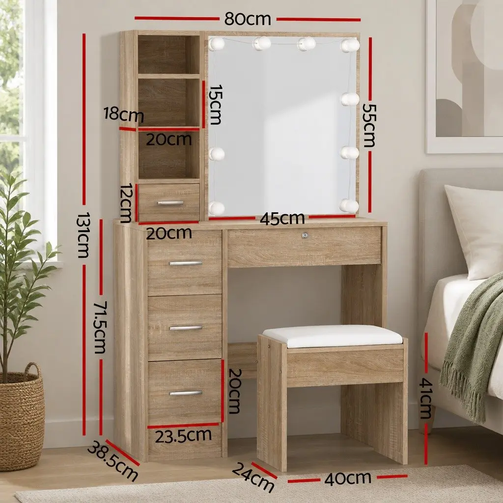 Dressing Table Set for Bedroom with Stool and 10 LED Bulbs Hollywood Mirror