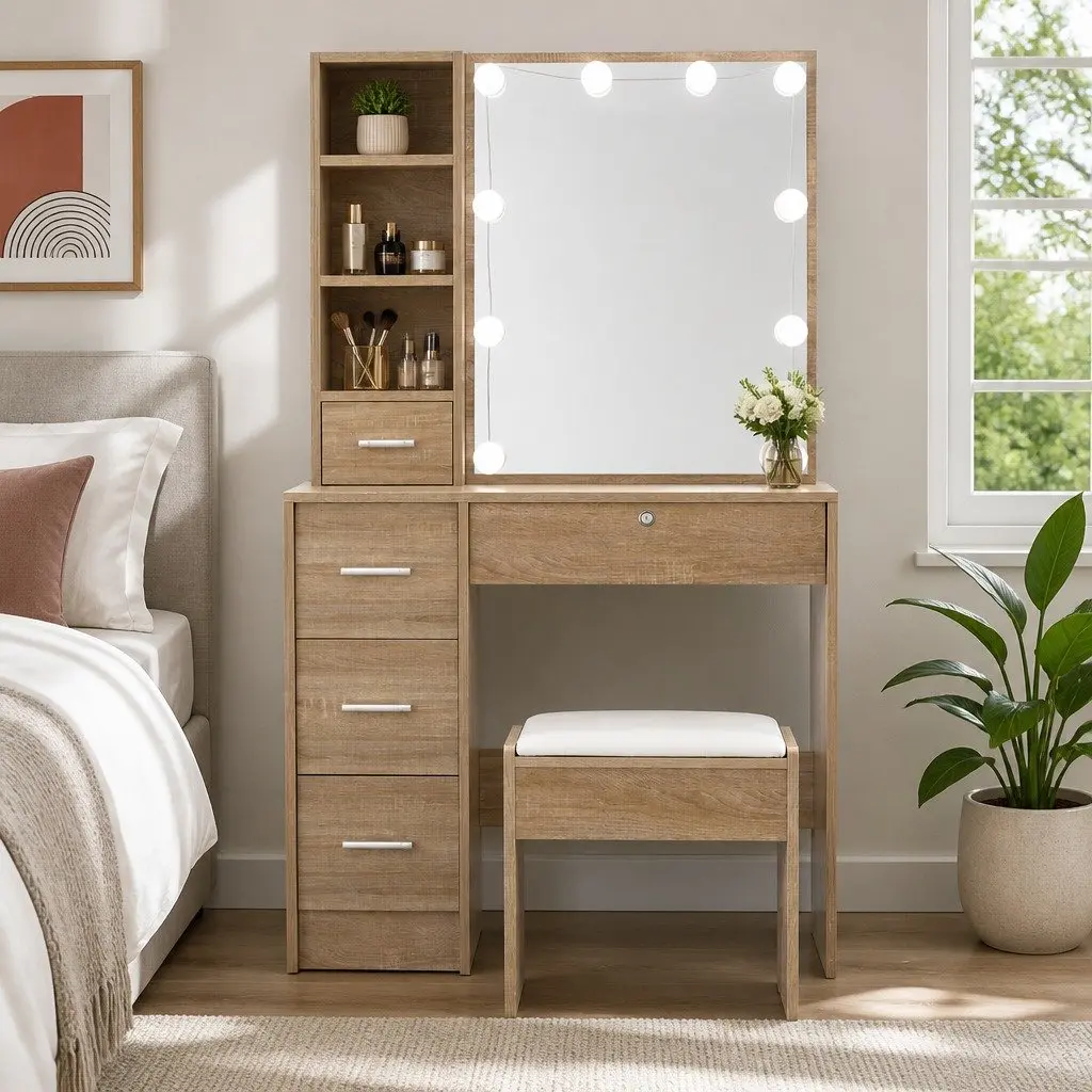 Dressing Table Set for Bedroom with Stool and 10 LED Bulbs Hollywood Mirror